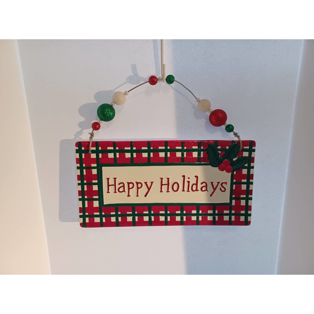 Ceramic Wall Hanging Red Green Plaid Happy Holidays Christmas Real Home 16"x13"